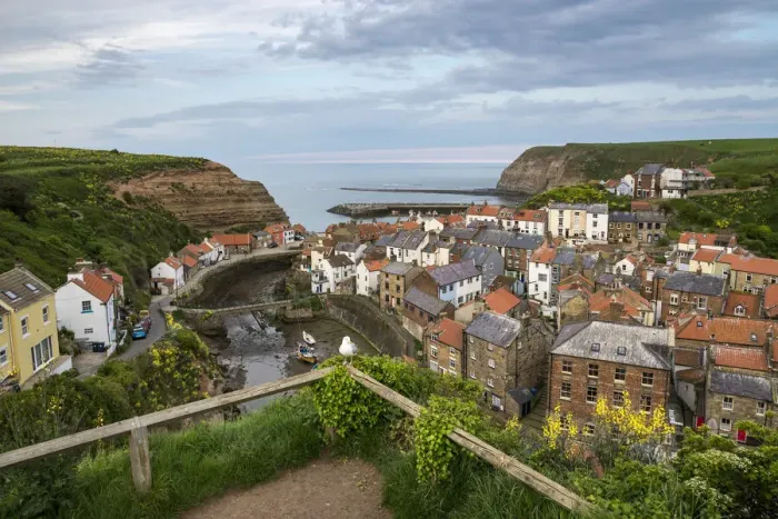 Framed Print : Staithes village at dusk, North Yorkshire, England Framed Print : Staithes village at dusk, North Yorkshire, England