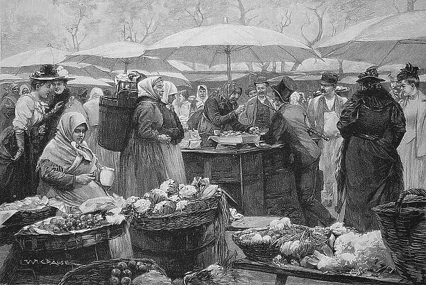 Stalls at the Naschmarkt in Vienna, Austria, Historic, digital reproduction of an original from the 19th century