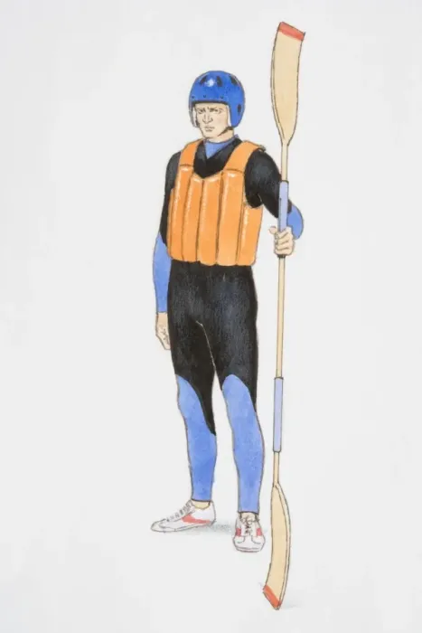 Framed Print : Standing man wearing wetsuit, helmet and buoyancy aid, holding a double-bladed paddle Framed Print : Standing man wearing wetsuit, helmet and buoyancy aid, holding a double-bladed paddle