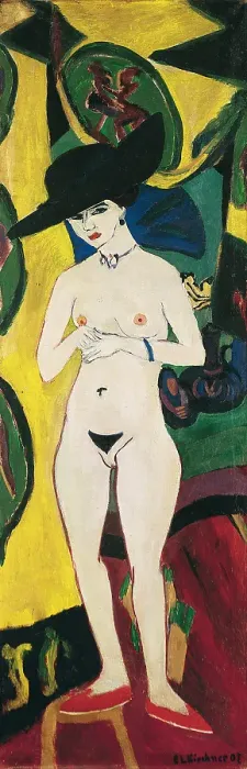 Framed Print : Standing Nude with Hat. Artist: Kirchner, Ernst Ludwig (1880-1938)
