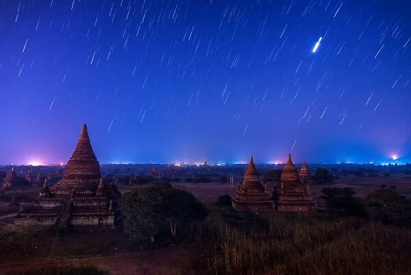 Star trails over the old Bagan pagodas at dawn
