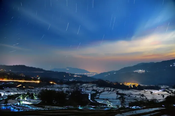 Framed Print : Star trails over Yuanyang rice terrace, China Framed Print : Star trails over Yuanyang rice terrace, China