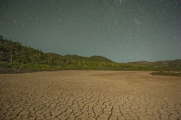 Starry sky over cracked desert, Isla San Jose, Baja California Sur, Mexico