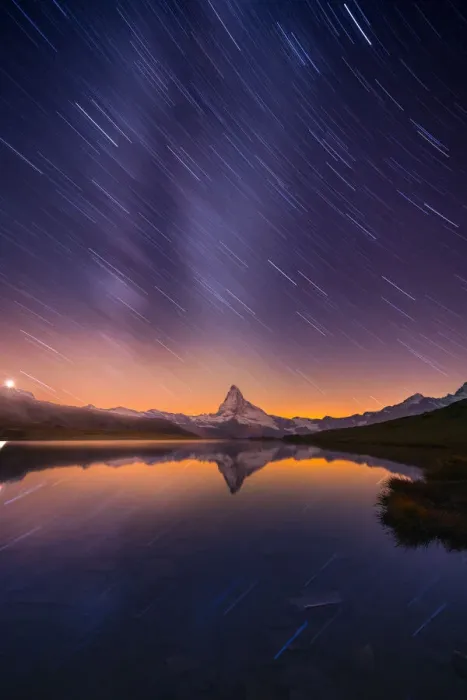Framed Print : Startrail at Stellisee lake with Matterhorn background Framed Print : Startrail at Stellisee lake with Matterhorn background