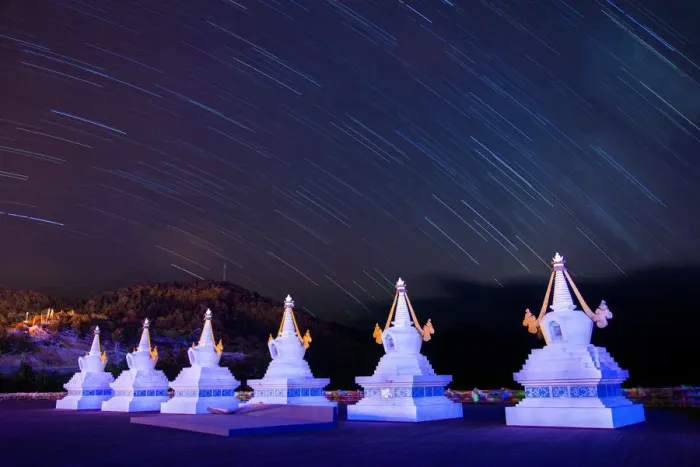 Framed Print : Startrail over Tibertan stupas at Feilai Si temple