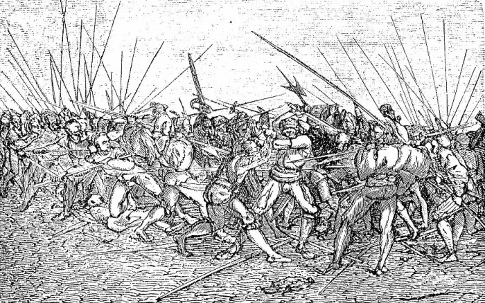 Framed Print : State of Culture in the 16th century, Battle of the Landsknechte, after a painting by H. Holbein, Germany, Historical, digitally restored reproduction of a 19th century original, exact original date unknown