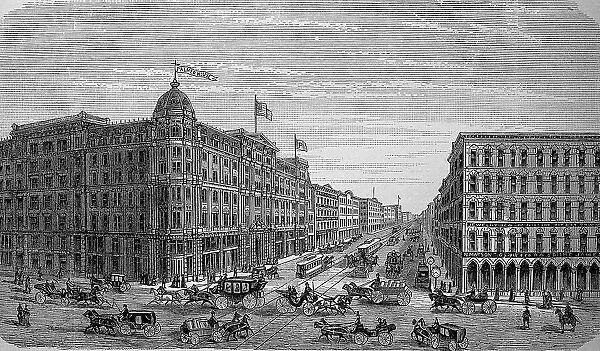 State Street in Chicago, USA, in 1880, Historic, digital reproduction of an original 19th century artwork