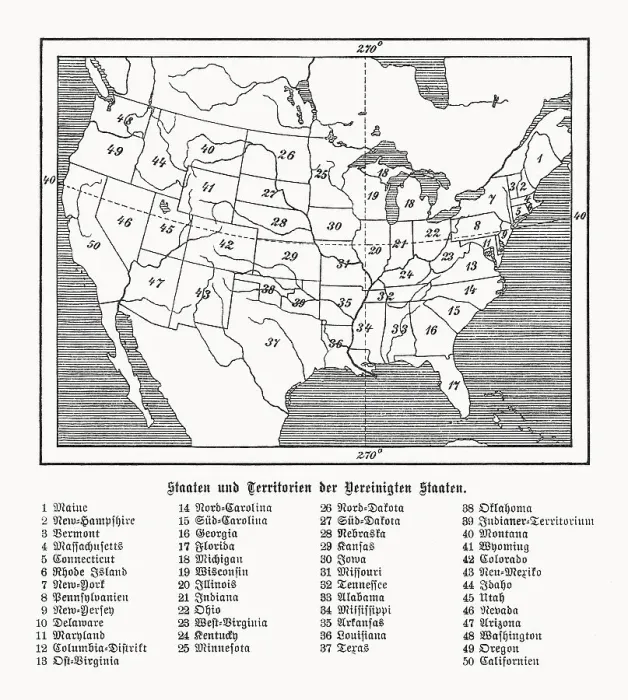 Framed Print : States and territories of the USA, wood engraving, published 1899 Framed Print : States and territories of the USA, wood engraving, published 1899
