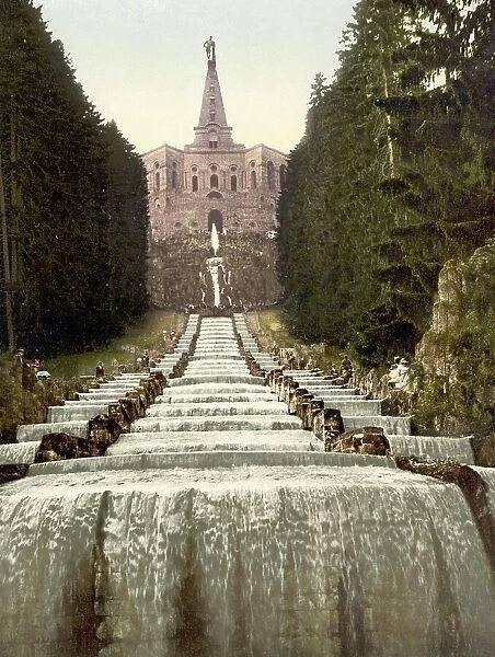 Statue of Hercules and water cascade on the Wilhelmshoehe in Kassel, Hesse, Germany, Historical, Photochrome print from the 1890s