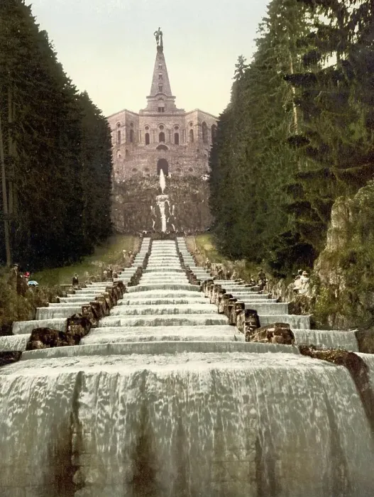 Framed Print : Statue of Hercules and water cascade on the Wilhelmshoehe in Kassel, Hesse, Germany, Historical, Photochrome print from the 1890s Framed Print : Statue of Hercules and water cascade on the Wilhelmshoehe in Kassel, Hesse, Germany, Historical, Photochrome print from the 1890s