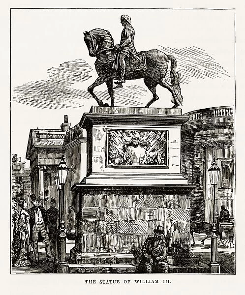 Statue, King William III, Dublin, Ireland Victorian Engraving, Circa 1840