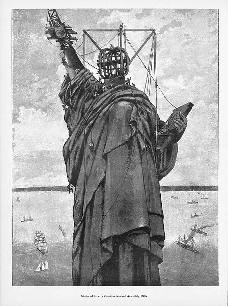 Statue of Liberty Construction and Assembly Victorian Engraving, 1886