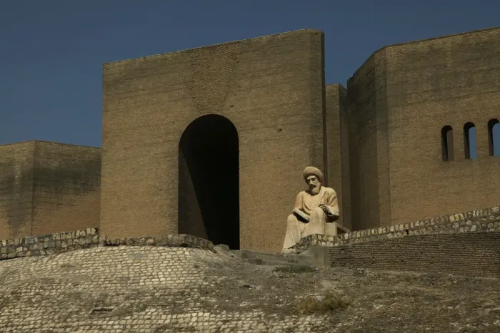 Framed Print : Statue of Mubarak Ben Ahmed Sharaf-Aldin (1169-1239), known as Ibn Almustawfi, a historian and minister of Erbil at the old Qalaa citadel a UNESCO World Heritage Site in the city of Erbil or Arbil Northern Iraq