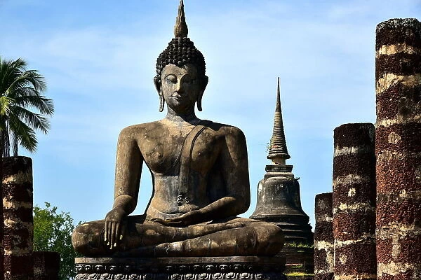 Statue with stupa Wat Mahathat temple Sukhothai Thailand, Asia