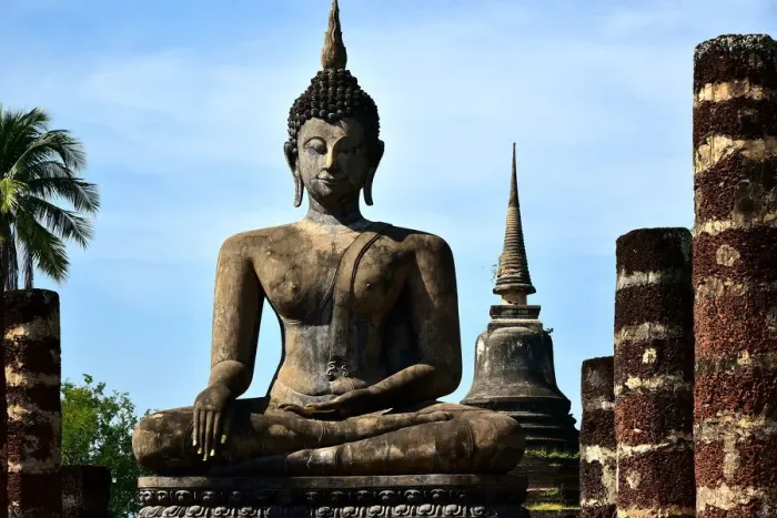 Framed Print : Statue with stupa Wat Mahathat temple Sukhothai Thailand, Asia Framed Print : Statue with stupa Wat Mahathat temple Sukhothai Thailand, Asia