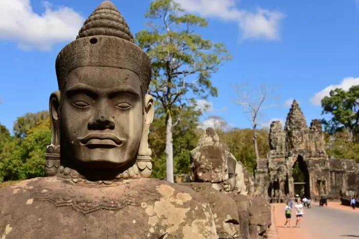 Framed Print : Statues on bridge at Angkor Thom South gate, towards the Bayon Temple, Siem Reap, Cambodia