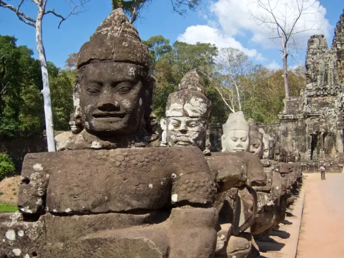 Framed Print : Statues on bridge at Angkor Thom South gate, towards the Bayon Temple, Siem Reap, Cambodia