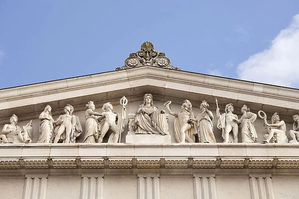 Statues on the facade of the Walhalla memorial, in Donaustauf, Bavaria, Germany