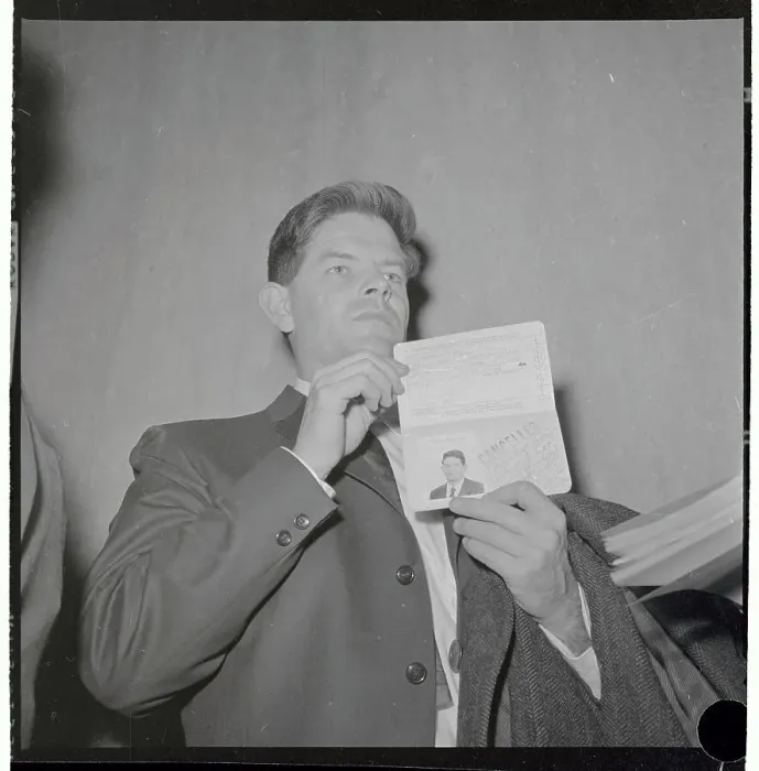 Framed Print : Staughton Lynd Holding up Passport for Press Framed Print : Staughton Lynd Holding up Passport for Press