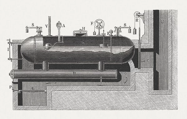 Steam heating boiler, wood engraving, published in 1880