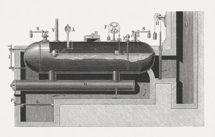 Framed Print : Steam heating boiler, wood engraving, published in 1880 Framed Print : Steam heating boiler, wood engraving, published in 1880