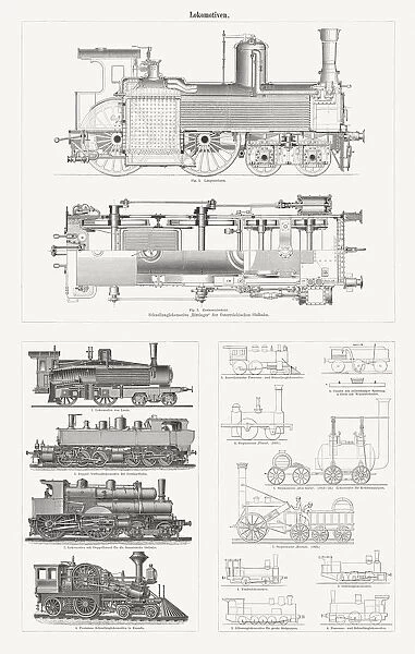 Steam locomotives from the 19th century, wood engravings, published 1897