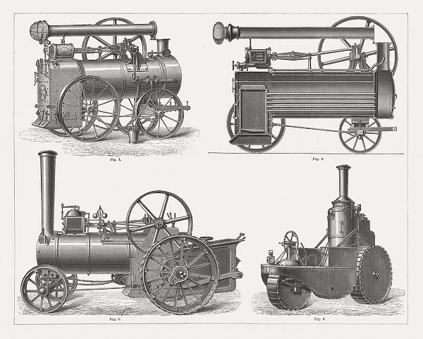 Steam lokomobiles, wood engraving, published in 1877
