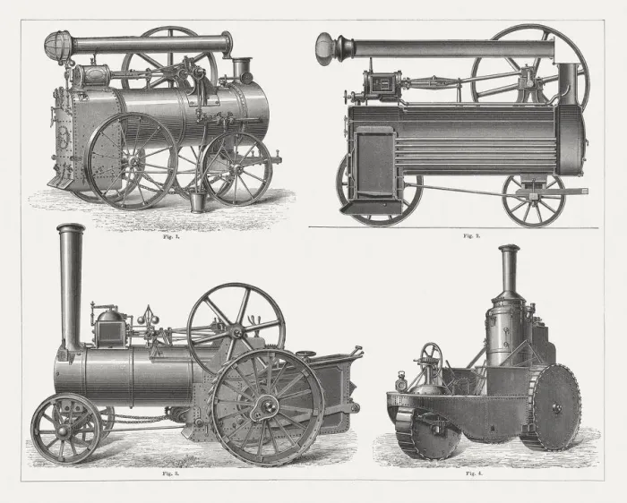 Framed Print : Steam lokomobiles, wood engraving, published in 1877