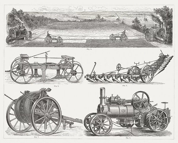 Steam ploughing engines, wood engravings, published 1875