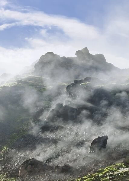 Steam rising from a lava field at the foot of Brennisteinsalda Volcano, Landmannalaugar, Southern Region, Iceland