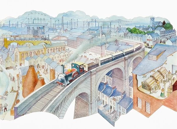Steam train crossing bridge high above rooftops of industrial town