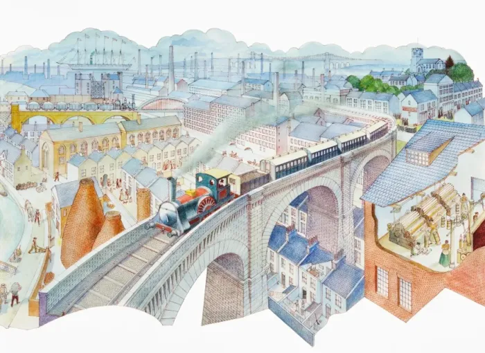 Framed Print : Steam train crossing bridge high above rooftops of industrial town Framed Print : Steam train crossing bridge high above rooftops of industrial town