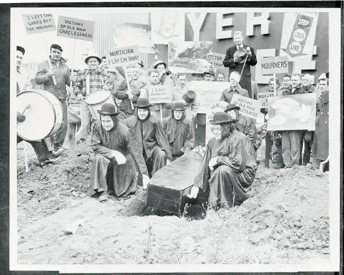 Framed Print : Steel Workers Acting as Safety Pallbearers Framed Print : Steel Workers Acting as Safety Pallbearers