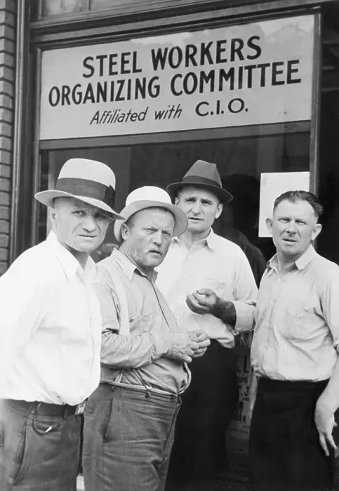 Framed Print : Steel Workers In Front Of Headquarters Framed Print : Steel Workers In Front Of Headquarters