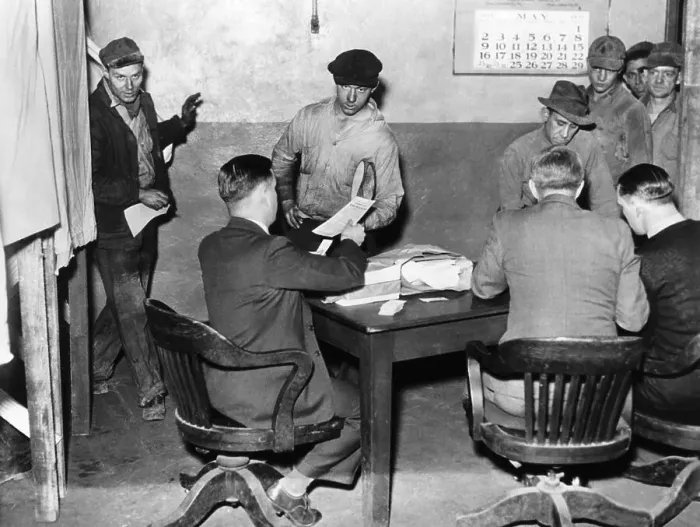 Framed Print : Steel Workers Vote as Government Watches Framed Print : Steel Workers Vote as Government Watches