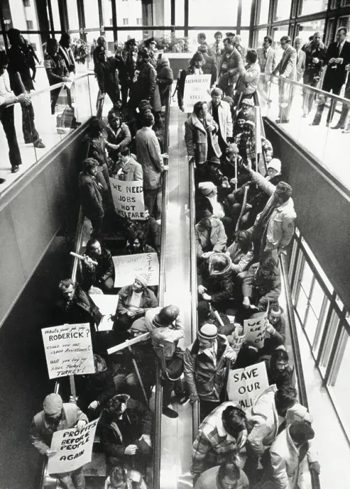 Framed Print : Steelworkers Blocking Escalators in Protest Framed Print : Steelworkers Blocking Escalators in Protest