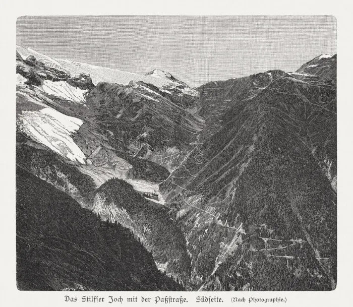 Framed Print : Stelvio Pass (Stilfser Joch), Italy, wood engraving, publisched in 1897 Framed Print : Stelvio Pass (Stilfser Joch), Italy, wood engraving, publisched in 1897