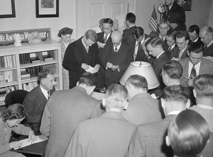 Framed Print : Steve Early in Midst of Reporters
