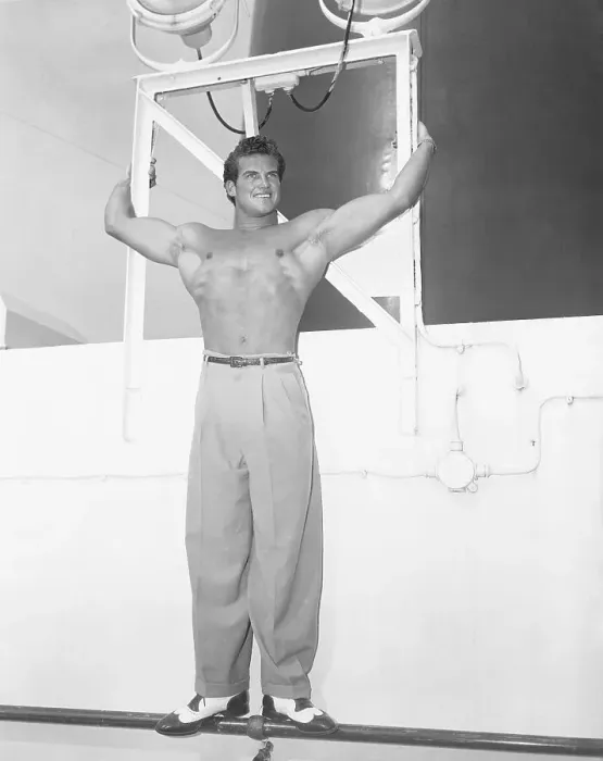 Framed Print : Steve Reeves as Mr. America in Ship's Makeshift Gym Framed Print : Steve Reeves as Mr. America in Ship's Makeshift Gym