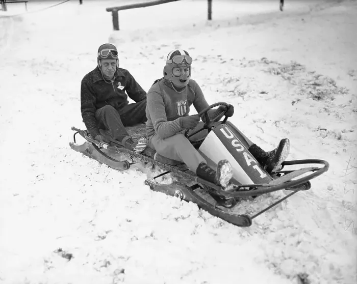 Framed Print : Stevens Brothers Sitting in Bob Sled at Winter Olympics Framed Print : Stevens Brothers Sitting in Bob Sled at Winter Olympics