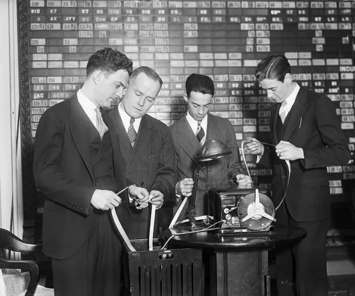Framed Print : Stock Brokers Read New Ticker Tape Framed Print : Stock Brokers Read New Ticker Tape