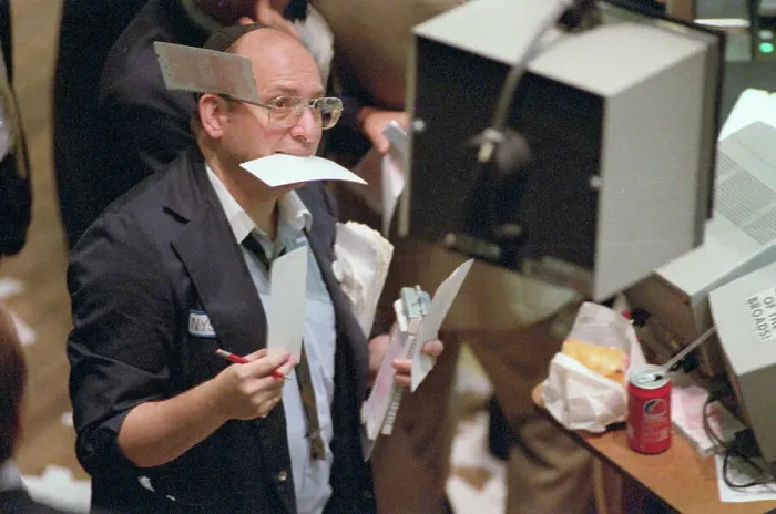 Framed Print : Stock Exchange Worker Draped in Orders