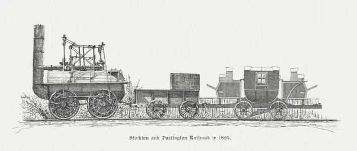 Framed Print : Stockton and Darlington Railway in 1825, wood engraving, published 1885 Framed Print : Stockton and Darlington Railway in 1825, wood engraving, published 1885
