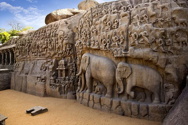 Stone carvings on the face of a rock at Arjunas Penance, Mahabalipuram, Kanchipuram District, Tamil Nadu, India