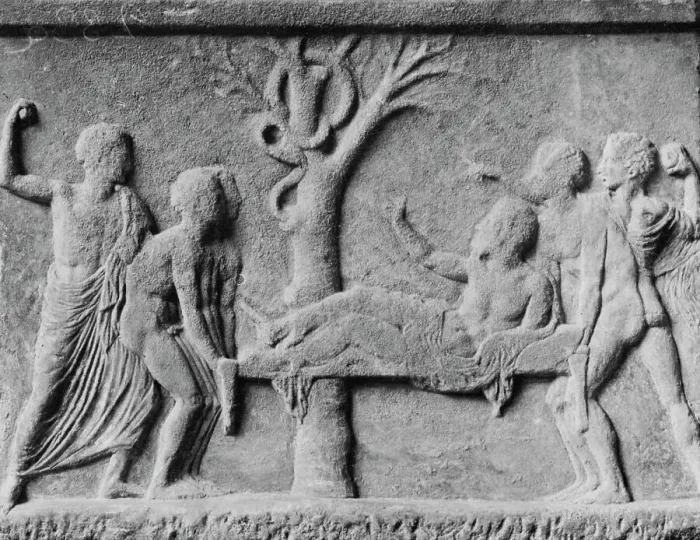 Framed Print : Stone Drawing of Nurses and Sick Patient at Tree Framed Print : Stone Drawing of Nurses and Sick Patient at Tree