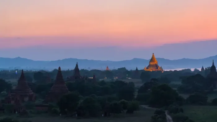 Framed Print : Stone pagoda orange lighting in Bagan pagoda field Framed Print : Stone pagoda orange lighting in Bagan pagoda field