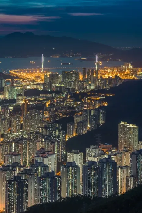Framed Print : Stonecutters bridge from Kowloon peak