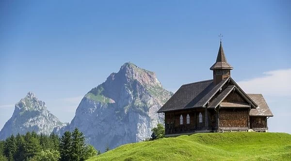 Stoos-Kirche church in front of Grosser Mythen mountain, Stoos, Morschach, canton of Schwyz, Switzerland