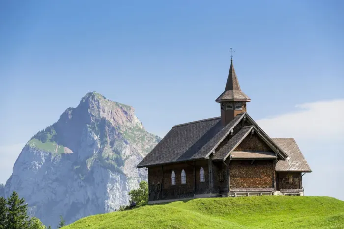 Framed Print : Stoos-Kirche church in front of Grosser Mythen mountain, Stoos, Morschach, canton of Schwyz, Switzerland