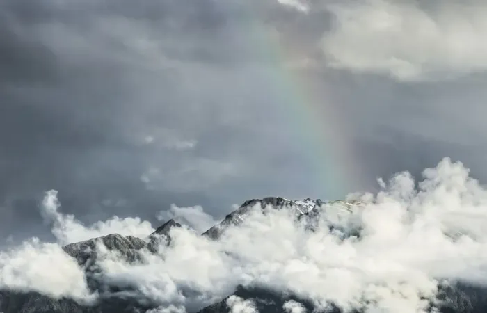 Framed Print : Storm clouds with a rainbow, Southern Alps, Fox Glacier, South Island, New Zealand Framed Print : Storm clouds with a rainbow, Southern Alps, Fox Glacier, South Island, New Zealand